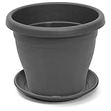 Tradineur - Maceta con Plato Tipo mediterránea, 40 cm de diámetro, Ideal Tanto para Interior como Exterior. Jardinera Alta con Agujeros para drenar Agua, Color Gris