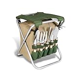 BIKAIN - Taburete Plegable de Jardin - Juego de Herramientas - Bolsa de Almacemiento con Cremallera - Incluye 5 Herramientas con Mango de Madera