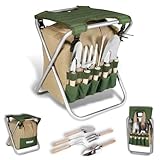 BIKAIN - Herramientas de Jardinería - Taburete Plegable + Bolsa + Herramientas - Kit de Jardinería - Bolsa de Almacemiento con Cremallera - Incluye 5 Herramientas con Mango de Madera