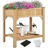 Yaheetech Huerto Urbano de Madera Abeto 91,5 x 62 x 92,5 cm Mesa de Cultivo con 8 Compartimentos con Guantes para Jardín Terraza Balcón Hogar Dos Niveles Marrón Claro
