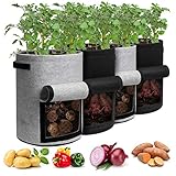 Homyhoo Bolsas de Cultivo de Patatas con Solapa de 10 galones, Paquete de 4 macetas con Asas y Ventana de Cosecha para Patatas, Tomates y Verduras, Color Negro y Gris