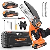 Mini motosierra de 6 pulgadas sin cable, 21V/2Ah batería para poda de ramas con 2 baterías, portátil eléctrico de mano pequeña motosierra con cerradura de seguridad, para cortar madera poda de árboles