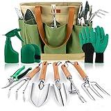 YAUNGEL Juego de Herramientas de jardinería, 10 Piezas de Acero Inoxidable de Uso Pesado con Mango de Madera Antideslizante - Regalos para Mujeres y Hombres, Verde