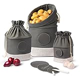 Praknu Bolsa para Patatas y Cebollas - Juego de 3 - Cesta para Patatas Ecológica de Yute - Tela Transpirable y Duradera - Almacenamiento Espacioso - Incluye Etiquetas y Bolígrafo
