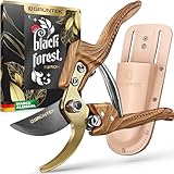 GRÜNTEK Tijera de Podar Profesional Premium Bypass 210 mm. Tijera de Jardín con Funda de Cuero genuino, hoja de titanio antiadherente SK5, mango ergonómico con diseño de madera natural.