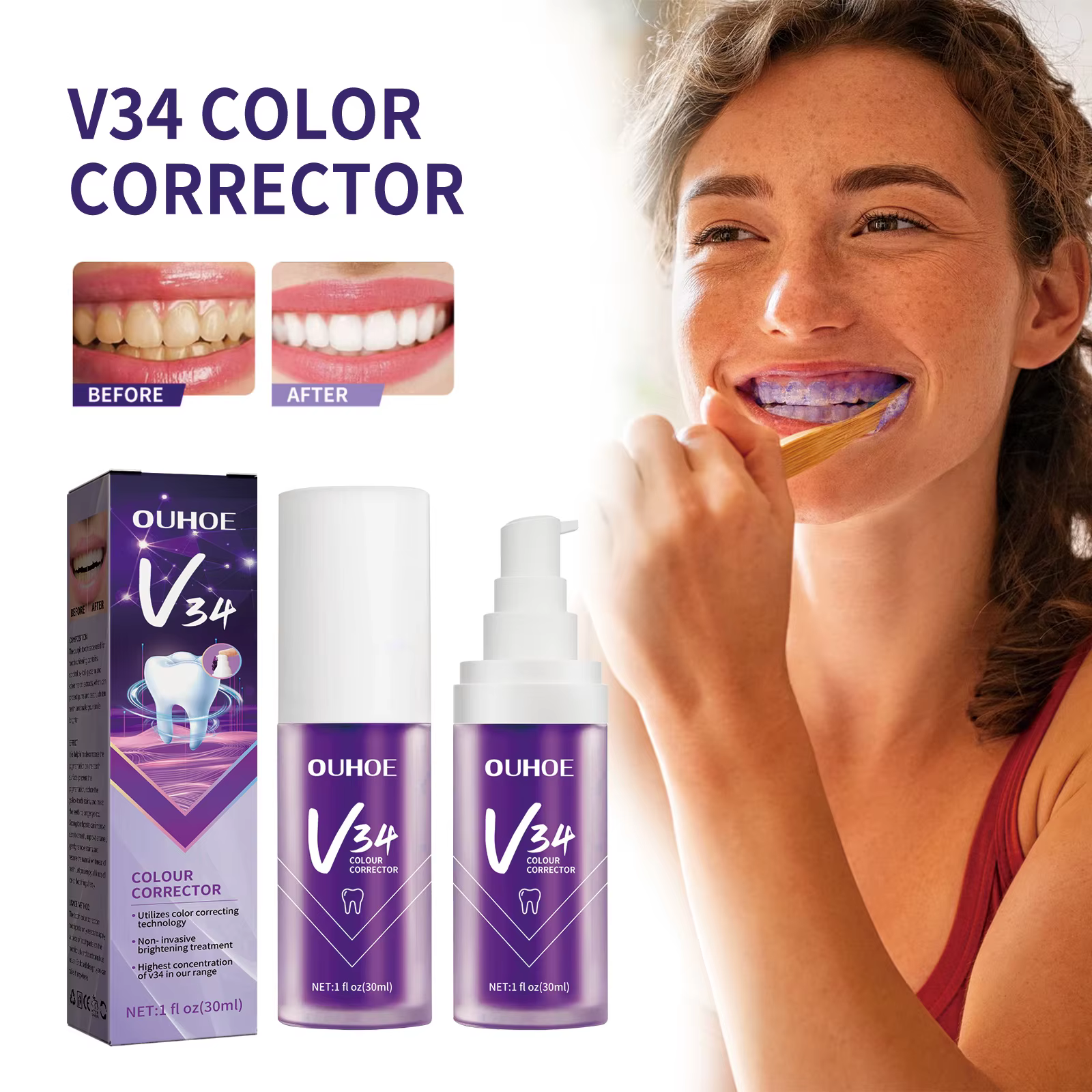 Ouhoe 30ml V34 Color de los dientes eliminar pasta de dientes blanquear la higiene bucal eliminar el sarro limpio boca reparación de olores goma humo dientes