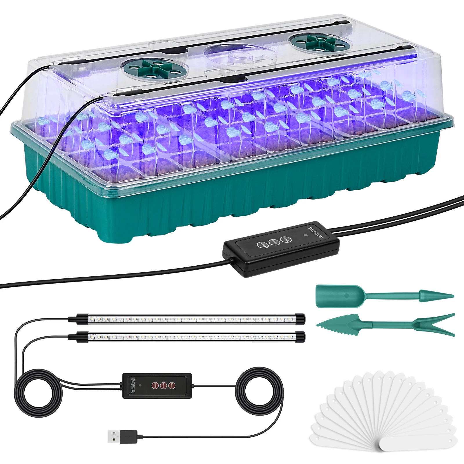 Bandeja de inicio de semillas con luz de cultivo, kit de germinación de semillas de 36 celdas, con cúpula de humedad y iluminación ajustable de tres colores.