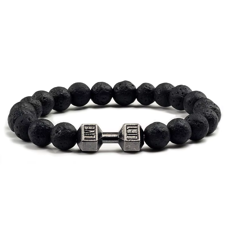 Pulsera de piedra volcánica Natural para hombre, cuentas blancas Lave negras mate, pulseras de hilo con mancuernas, joyería de Fitness con barra para mujer