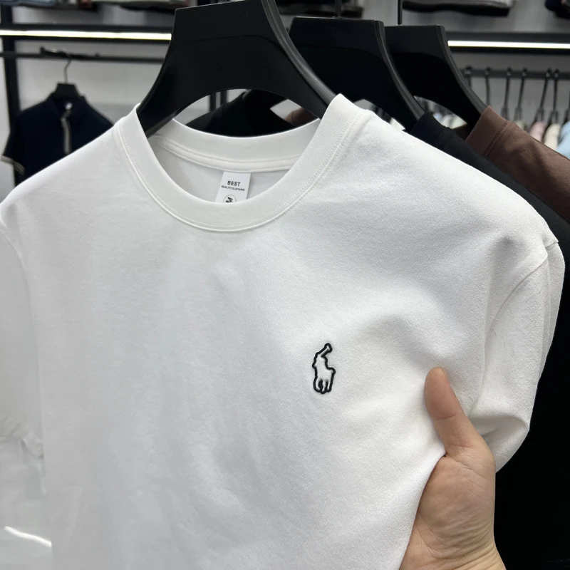 Camisa de manga corta con cuello redondo a la moda de verano para hombre, alta calidad, informal, de negocios, bordada, Color sólido, tendencia de lujo
