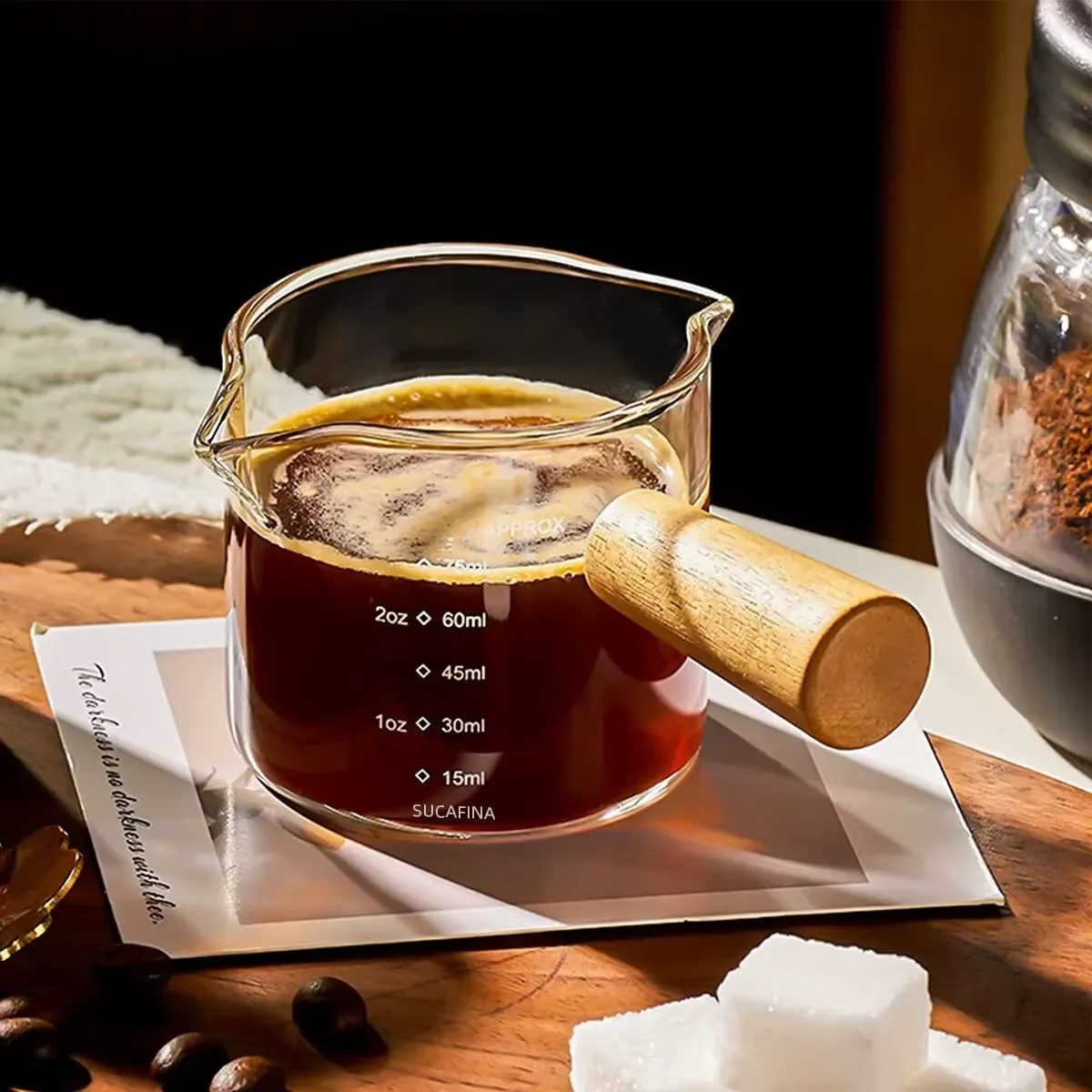 Mango de madera de 75ML con escala, taza medidora de café de vidrio, espresso, leche, Latte, accesorios de cocina transparentes para café, herramienta de Barista
