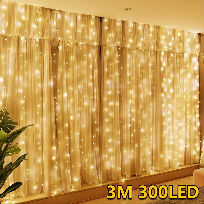 Guirnalda de luces LED de 3M, decoración de hadas, USB, cortina navideña, lámpara de guirnalda, 8 modos para el hogar, jardín, fiesta de Navidad, boda de Año Nuevo