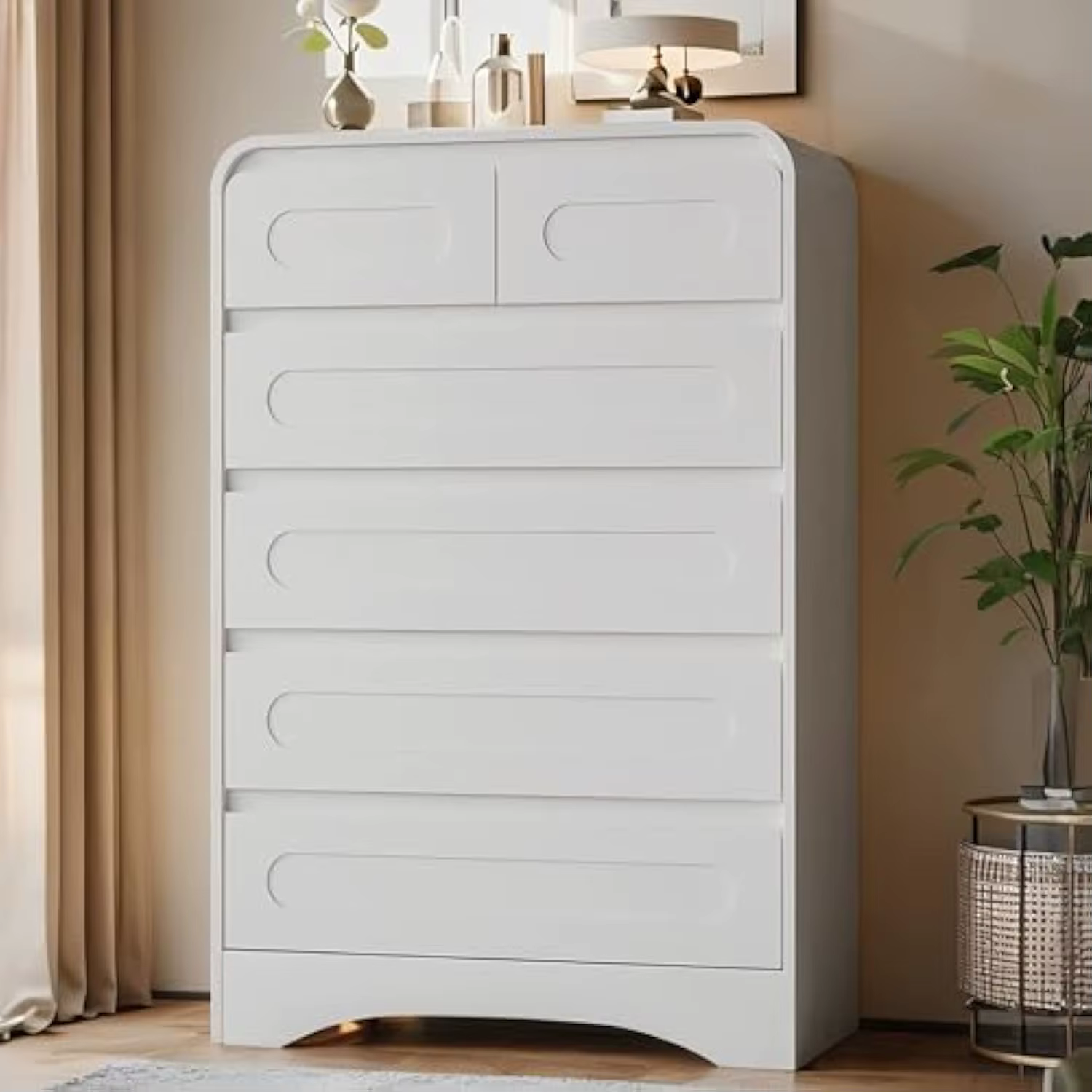 Cómoda moderna de 6 cajones para dormitorio - Cómoda de madera alta 44 con diseño rústico de borde curvo, cómoda ancha de 31 cajones para salón