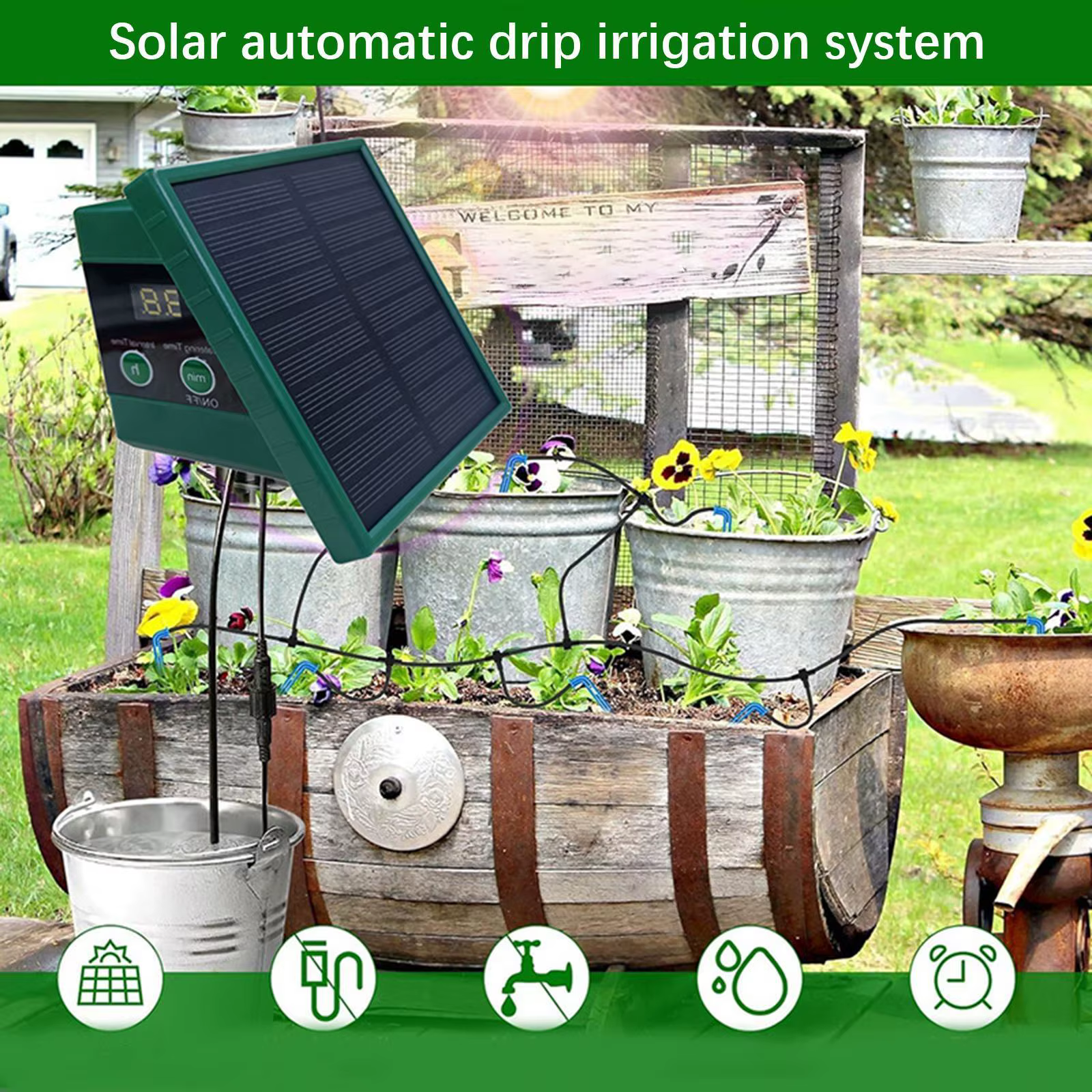 Kit de sistema de riego por goteo solar, maceta para jardín, planta de interior, antisifón