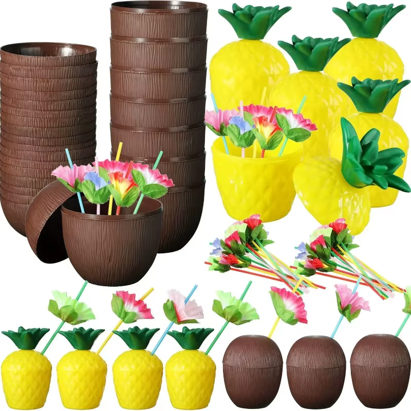 Tazas de jugo de coco y piña reutilizables de PP, tema hawaiano para verano, boda, playa, piscina, fiesta de cumpleaños, juego de vasos