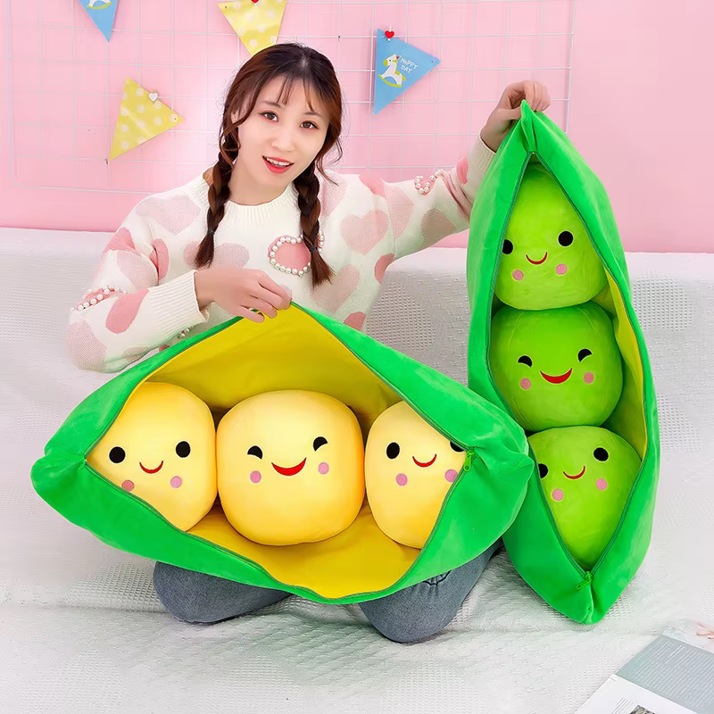 Nuevo muñeco de planta de peluche con forma de guisante de 25cm, 3 frijoles con caja de tela, juguete de peluche creativo, almohadas de 2 colores
