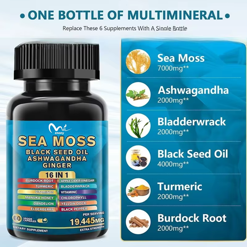 Cápsulas de algas marinas, vitaminas múltiples, aceite de semilla negra, berenjena borracho sudafricana, cúrcuma, vejiga, bardana, pimienta negra