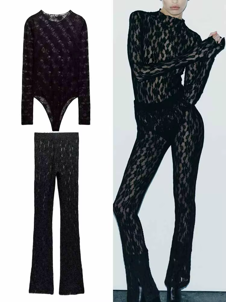 TRAF Mujeres nuevo traje de encaje otoño e invierno negro semitransparente hendidura sexy leggings de manga larga de cintura media elástica mono