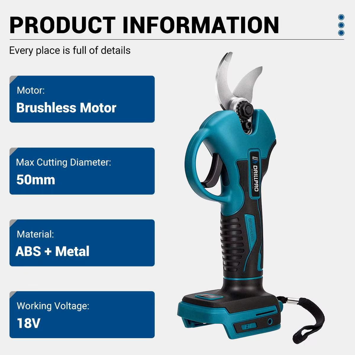 Drillpro-tijeras de podar eléctricas sin escobillas, 50mm, tijeras eléctricas para huerto, arbustos, ramas, herramientas de poda para batería de 18V