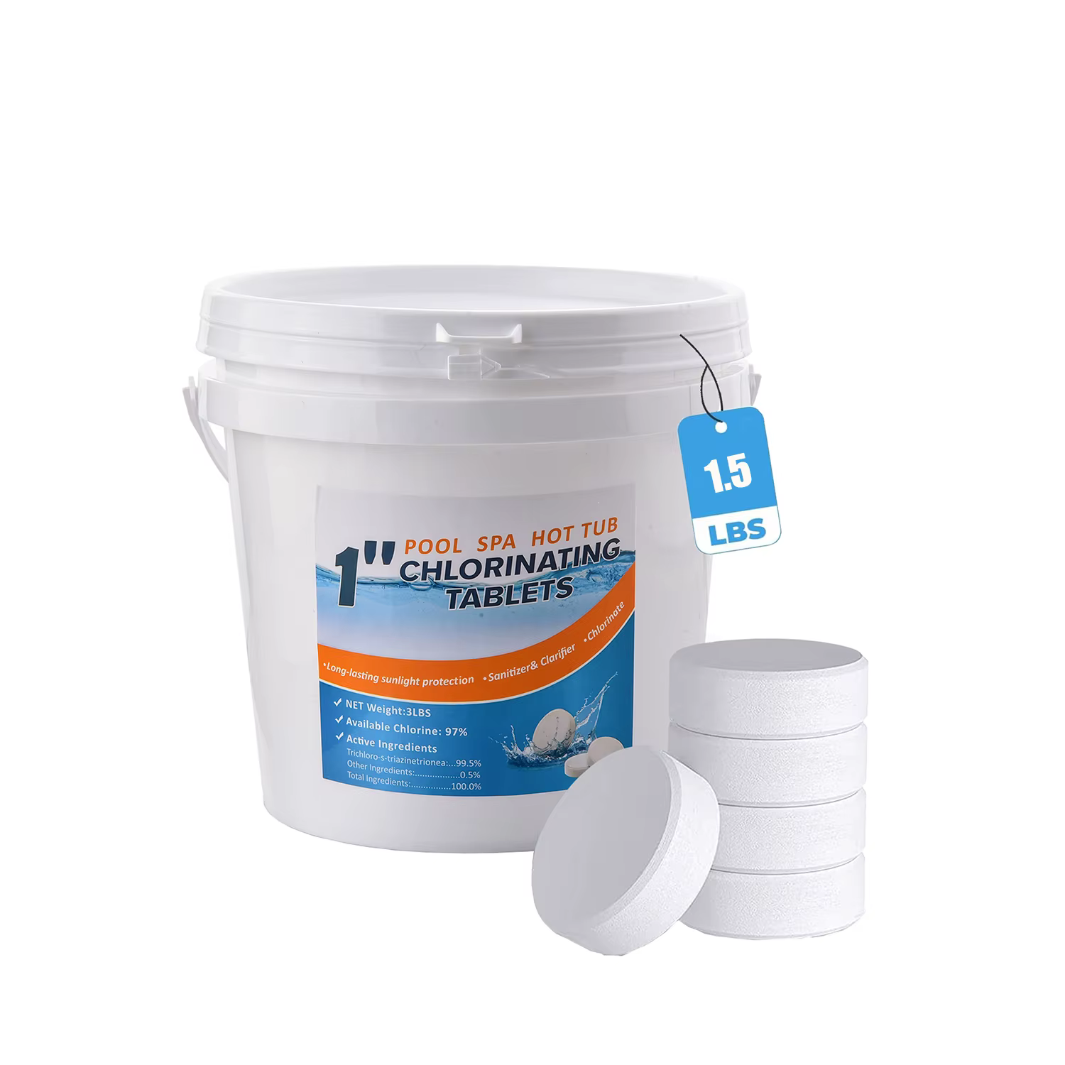 Tabletas de cloro estabilizadas de 1 pulgada para piscinas - Envueltas individualmente, disolución lenta - Cloro utilizable al 90% - 1,5 lb
