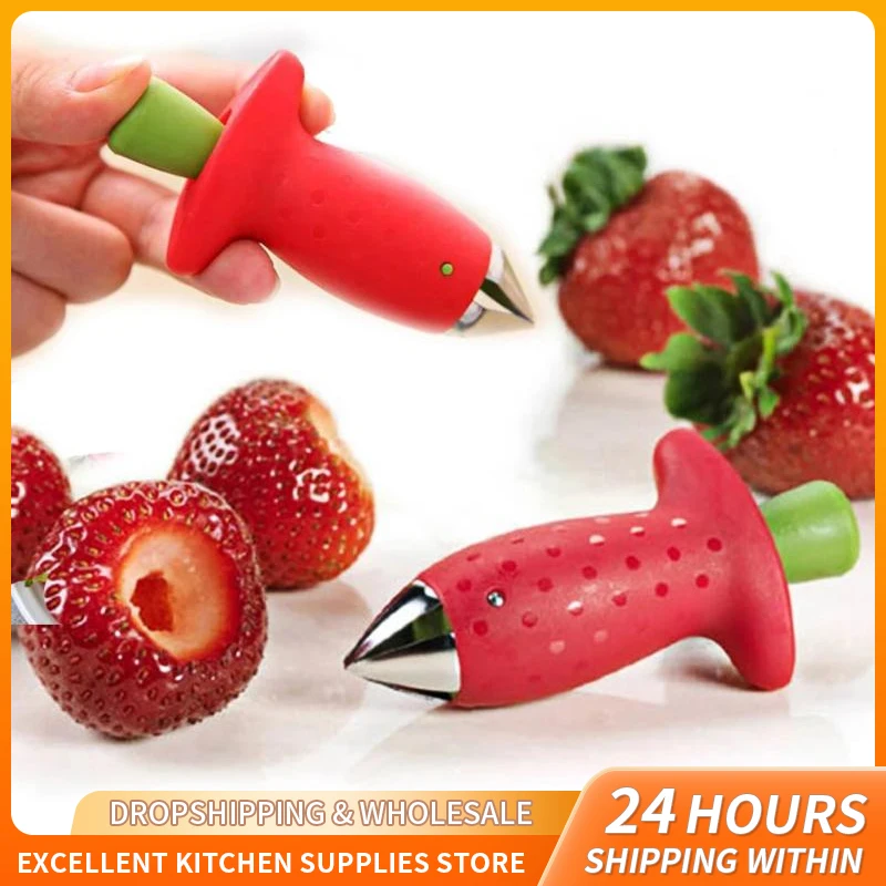 Cortador de fresas, cortador de fresas, descascarador de fresas, removedor de tallos de hojas de fruta, herramientas para insalada y pastel, accesorios de cocina