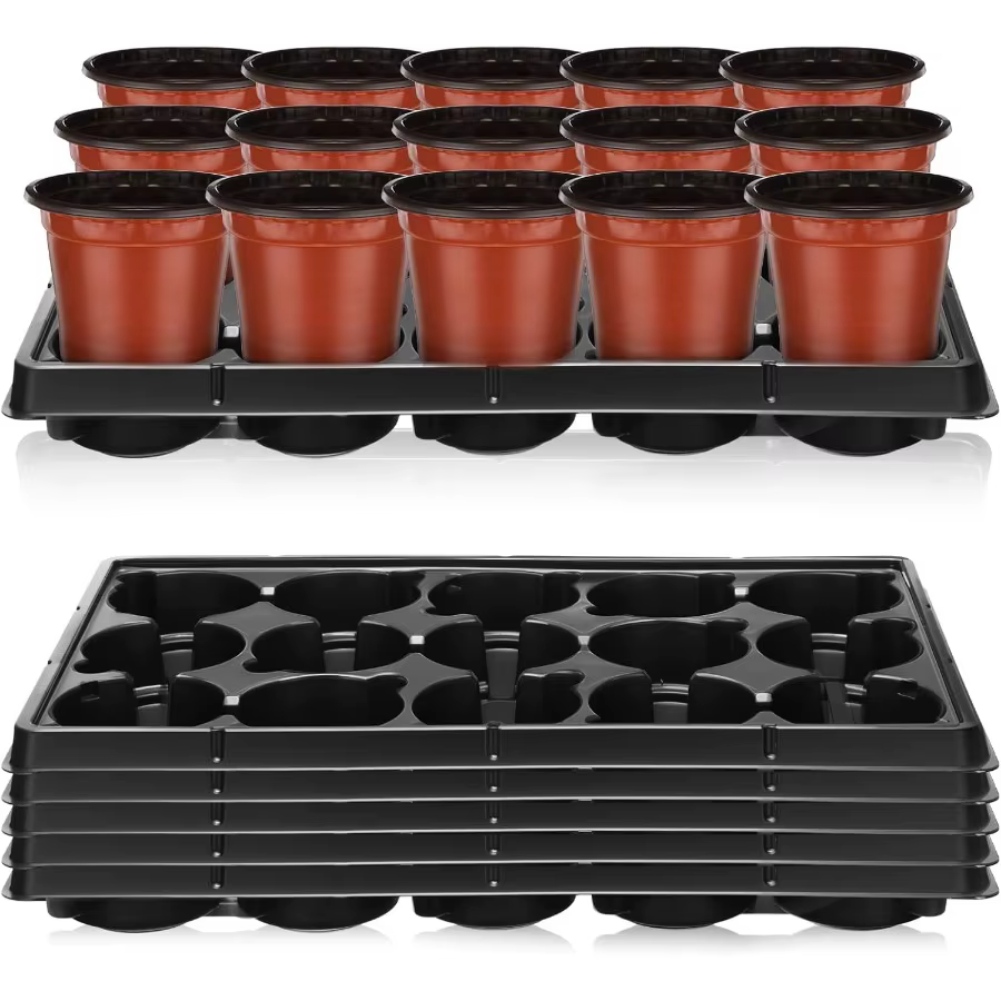 Baderke Macetas redondas para vivero de 4 pulgadas, 90 Uds., bandejas para macetas de vivero de 15 celdas, paquete de 6 bandejas duraderas para el inicio de la germinación de plántulas