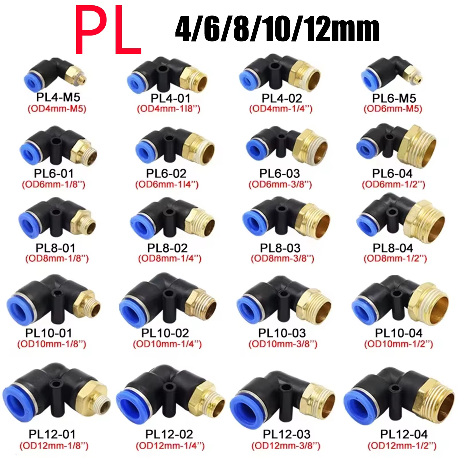20/50/100 Uds conector de aire neumático PL 4 6 8 10 12mm rosca 1/8 1/4 "3/8" 1/2 "codo de tráquea accesorios de aire manguera conector rápido